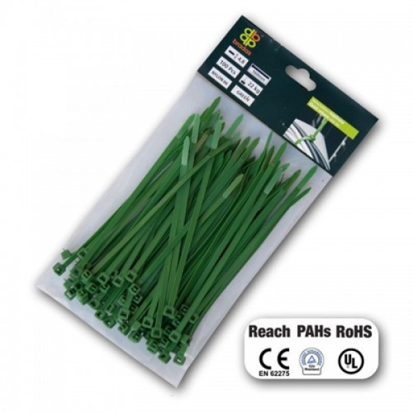 Стяжки кабельные пластиковые многоразовые GREEN 4,8*200 мм (100 шт.) (Bradas)