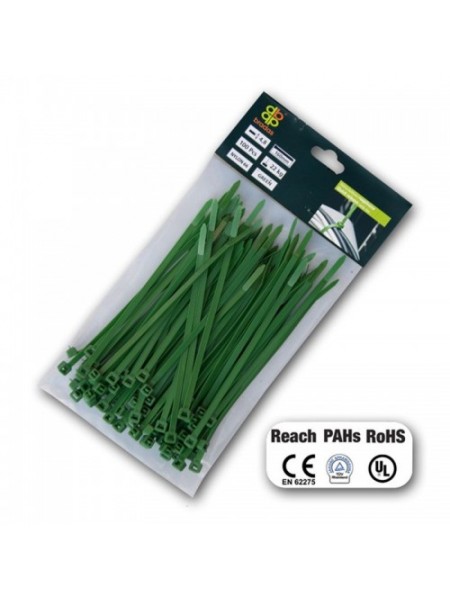 Стяжки кабельные пластиковые многоразовые GREEN 7,6*300 мм (100 шт.) (Bradas)
